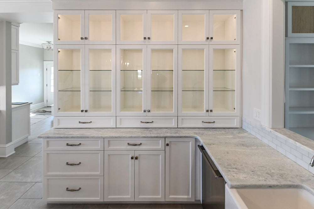 Gemcraft Custom Traditional White Double Island Kitchen with Marble Countertops and Luxury Appliance Package