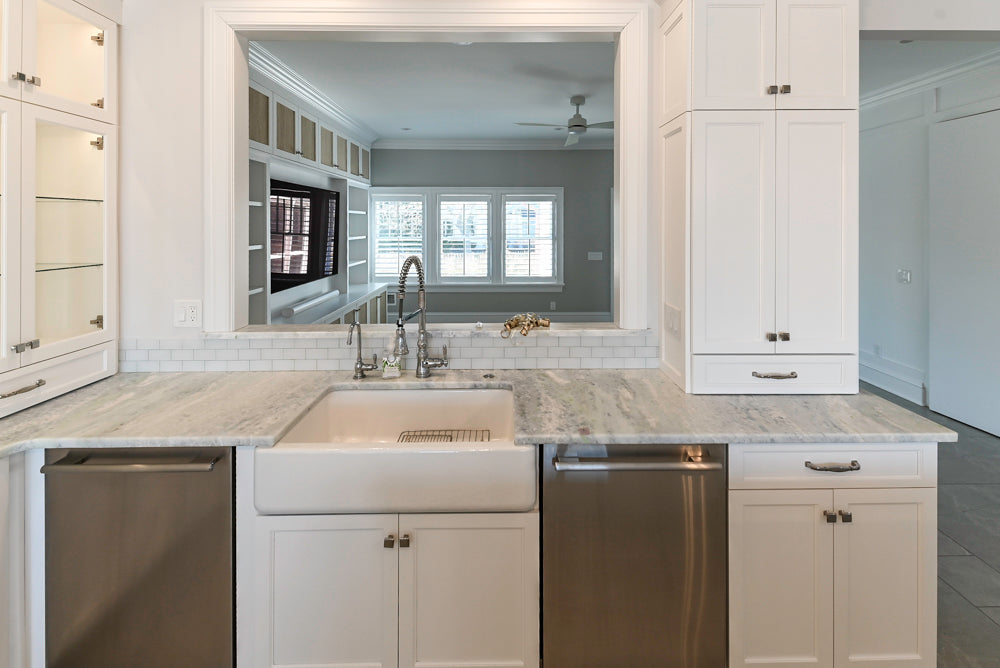 Gemcraft Custom Traditional White Double Island Kitchen with Marble Countertops and Luxury Appliance Package