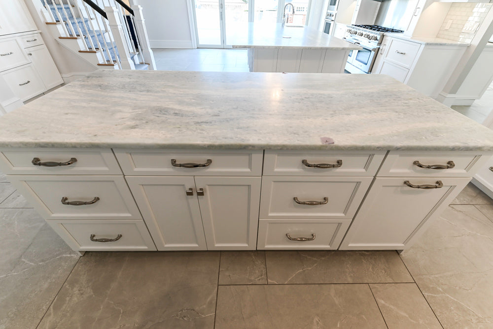 Gemcraft Custom Traditional White Double Island Kitchen with Marble Countertops and Luxury Appliance Package