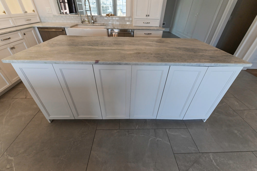 Gemcraft Custom Traditional White Double Island Kitchen with Marble Countertops and Luxury Appliance Package