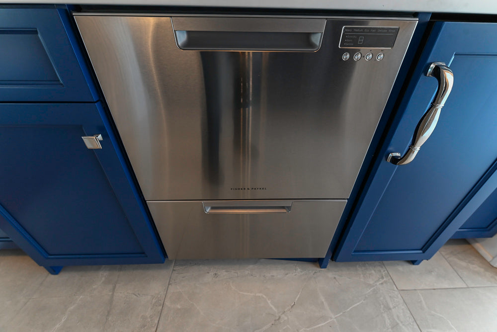 Gemcraft Navy Blue Pantry with White Quartz Countertops and Sub-Zero Tall Wine Cooler