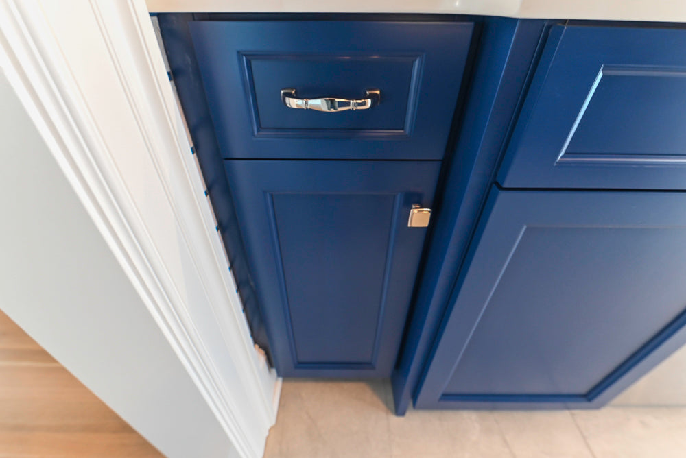 Gemcraft Navy Blue Pantry with White Quartz Countertops and Sub-Zero Tall Wine Cooler