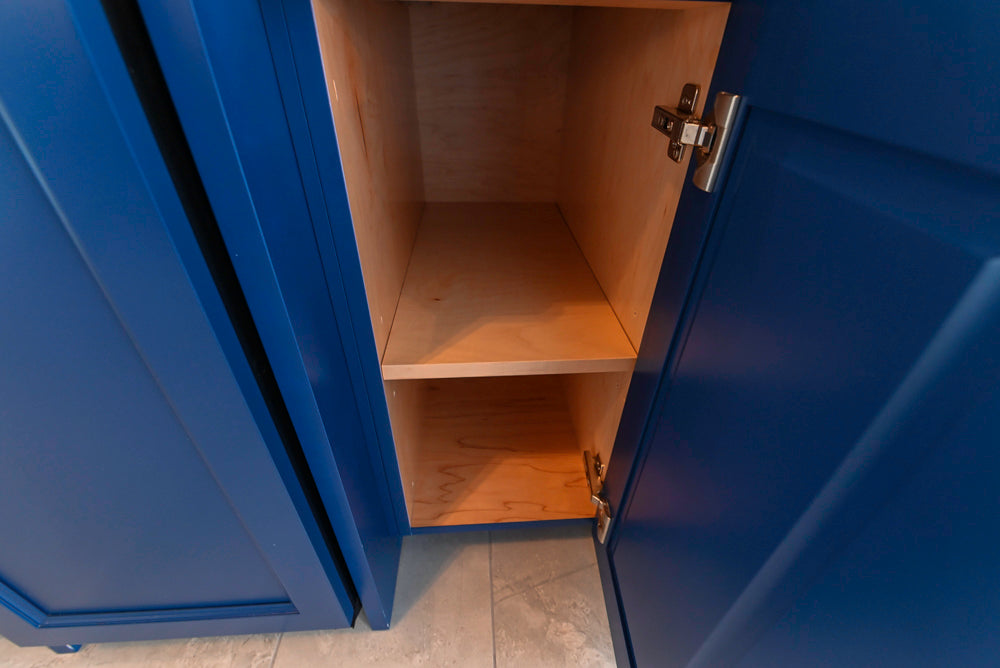 Gemcraft Navy Blue Pantry with White Quartz Countertops and Sub-Zero Tall Wine Cooler