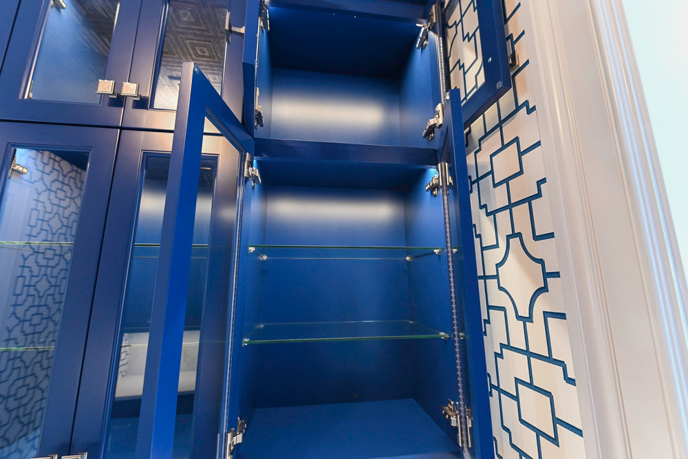 Gemcraft Navy Blue Pantry with White Quartz Countertops and Sub-Zero Tall Wine Cooler