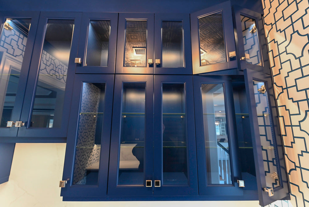 Gemcraft Navy Blue Pantry with White Quartz Countertops and Sub-Zero Tall Wine Cooler
