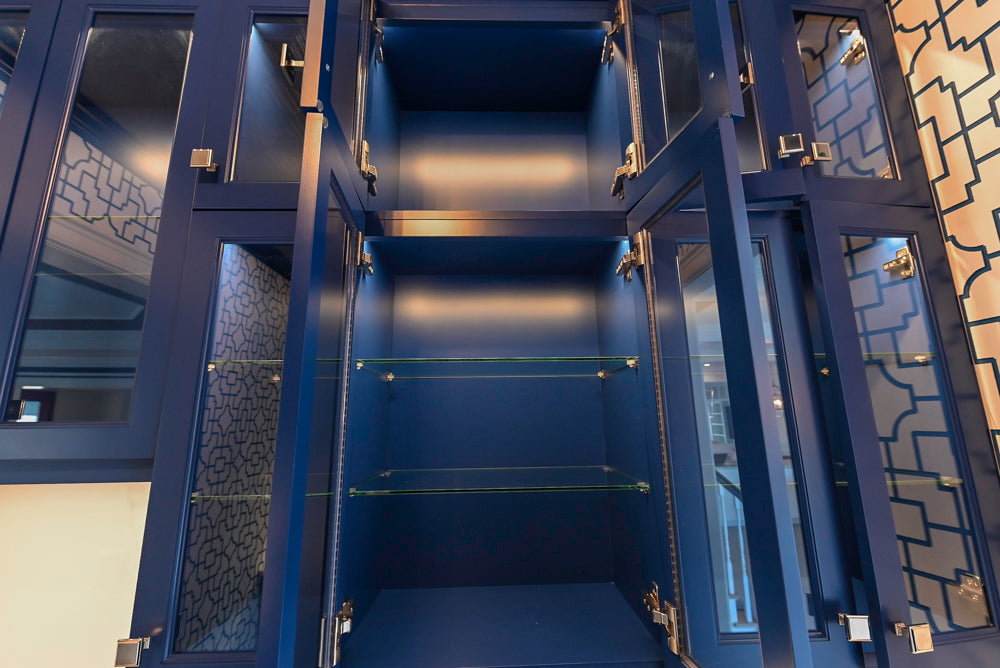 Gemcraft Navy Blue Pantry with White Quartz Countertops and Sub-Zero Tall Wine Cooler