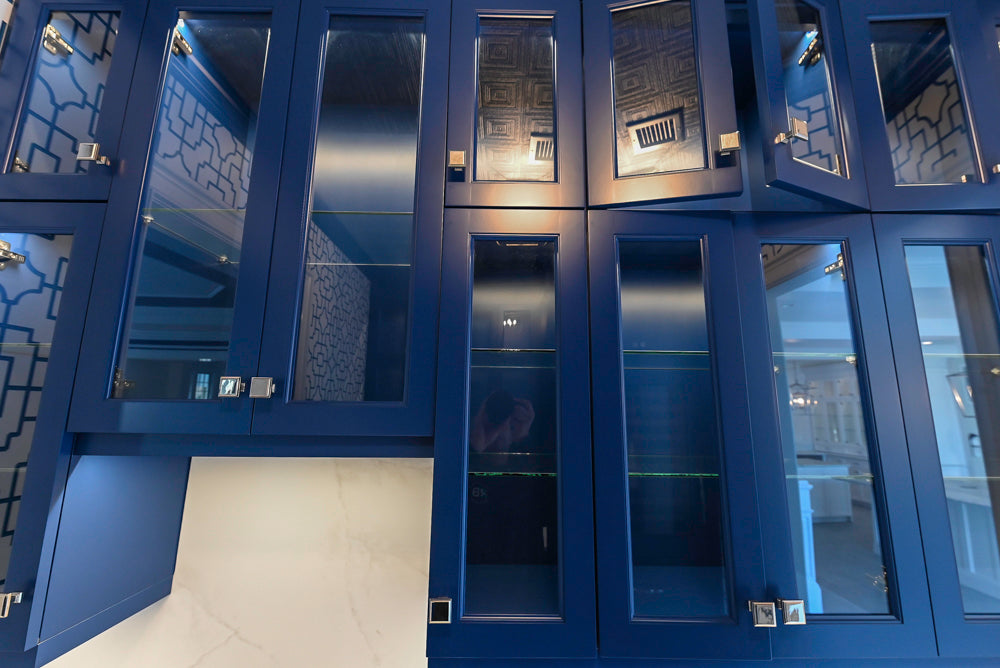 Gemcraft Navy Blue Pantry with White Quartz Countertops and Sub-Zero Tall Wine Cooler
