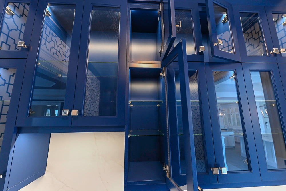 Gemcraft Navy Blue Pantry with White Quartz Countertops and Sub-Zero Tall Wine Cooler