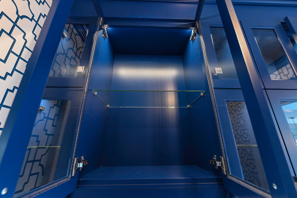 Gemcraft Navy Blue Pantry with White Quartz Countertops and Sub-Zero Tall Wine Cooler