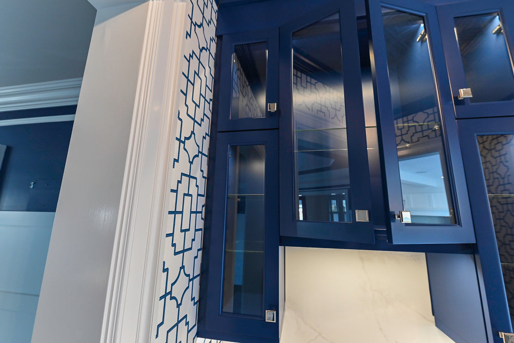 Gemcraft Navy Blue Pantry with White Quartz Countertops and Sub-Zero Tall Wine Cooler