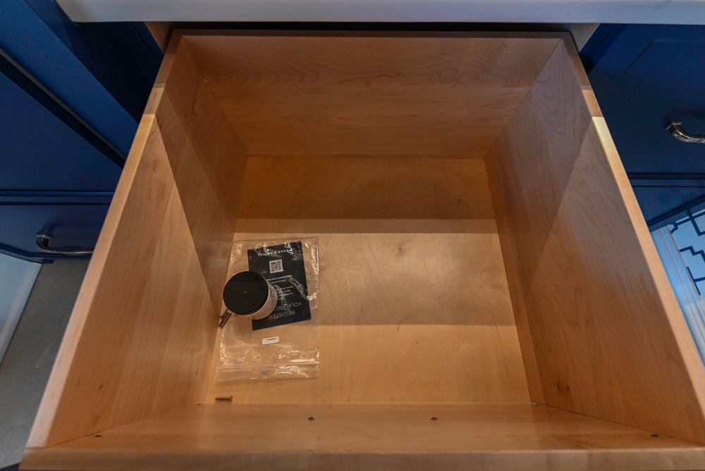 Gemcraft Navy Blue Pantry with White Quartz Countertops and Sub-Zero Tall Wine Cooler