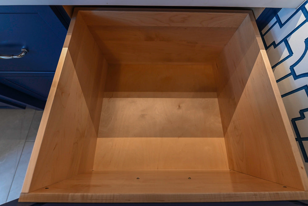 Gemcraft Navy Blue Pantry with White Quartz Countertops and Sub-Zero Tall Wine Cooler