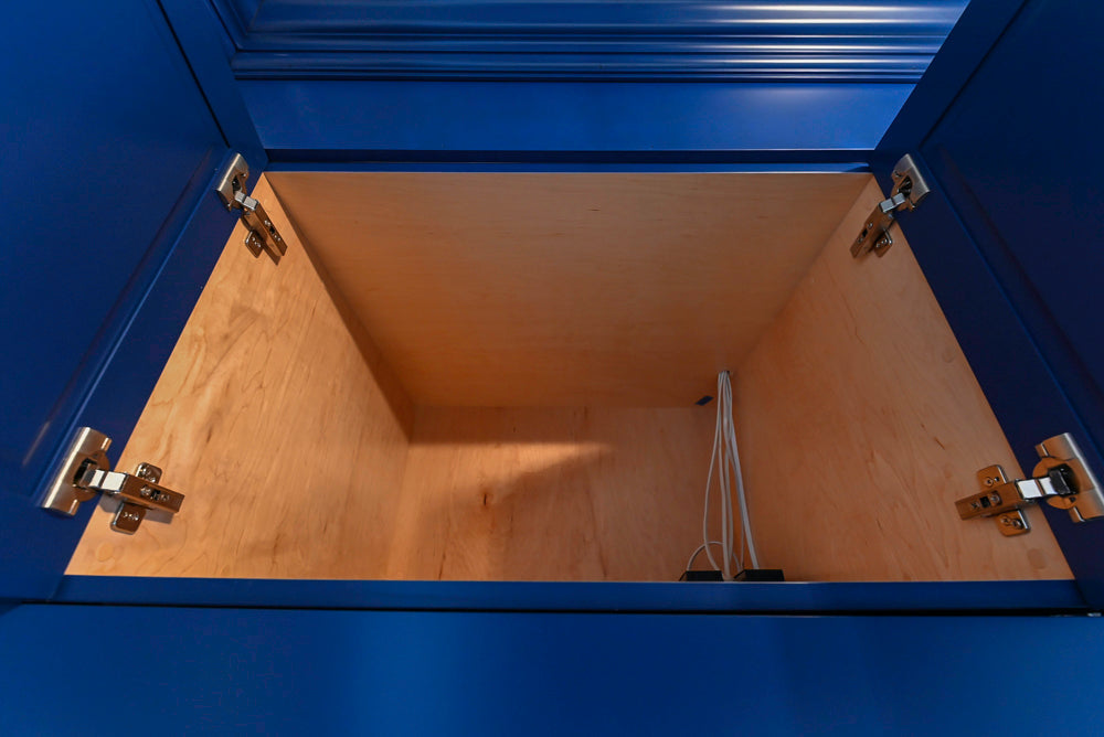 Gemcraft Navy Blue Pantry with White Quartz Countertops and Sub-Zero Tall Wine Cooler