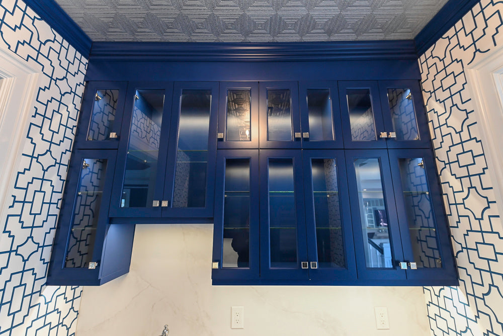 Gemcraft Navy Blue Pantry with White Quartz Countertops and Sub-Zero Tall Wine Cooler