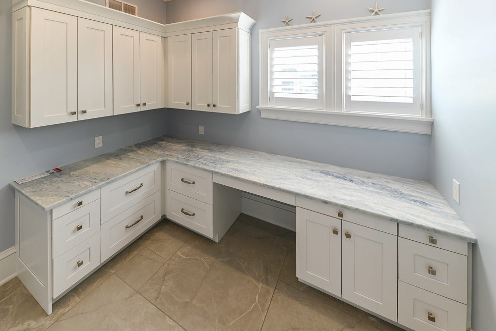 Traditional White Desk Area with Marble Countertops