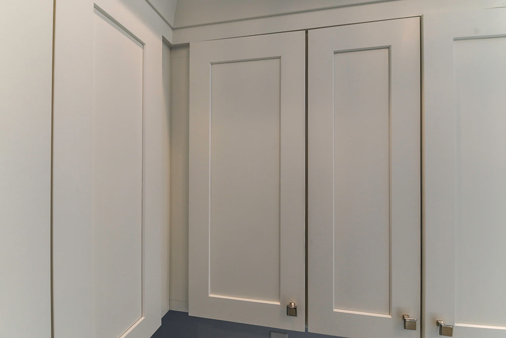 Traditional White Built-In Desk Area with Marble Countertops