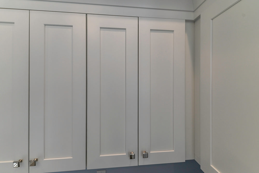Traditional White Built-In Desk Area with Marble Countertops