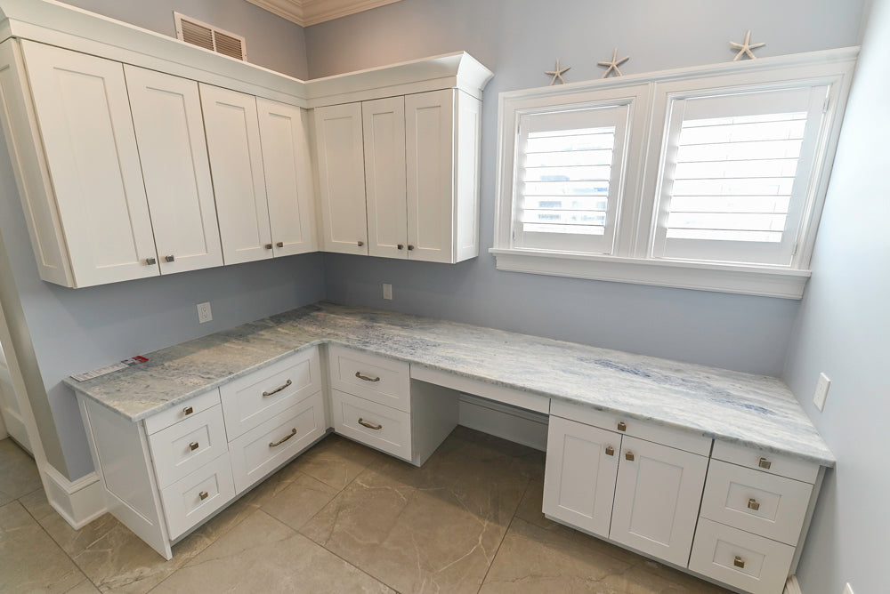 Traditional White Desk Area with Marble Countertops