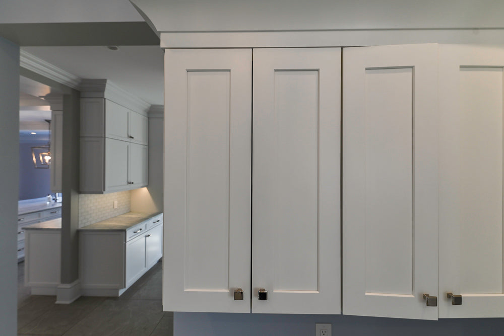 Traditional White Built-In Desk Area with Marble Countertops