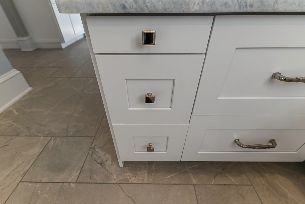 Traditional White Desk Area with Marble Countertops