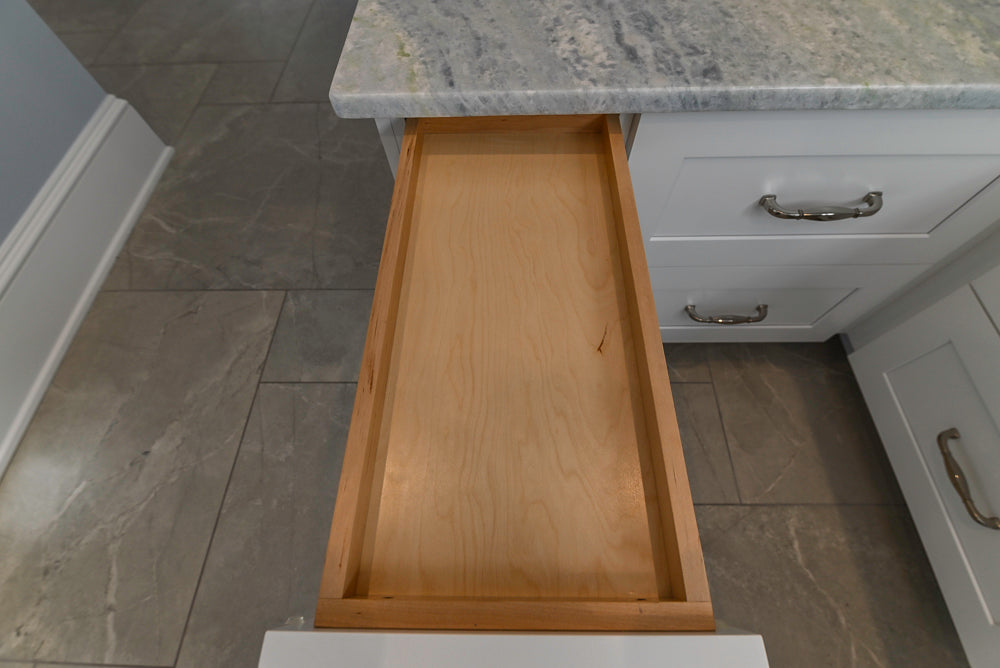 Traditional White Desk Area with Marble Countertops