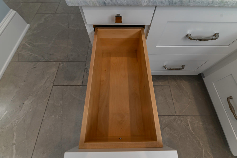 Traditional White Desk Area with Marble Countertops