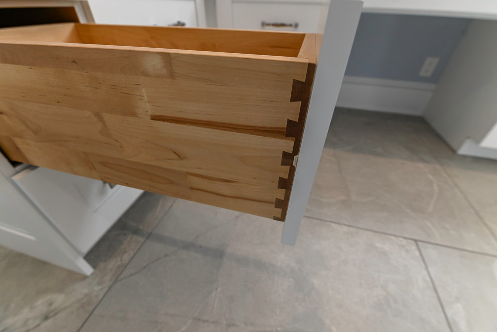 Traditional White Desk Area with Marble Countertops