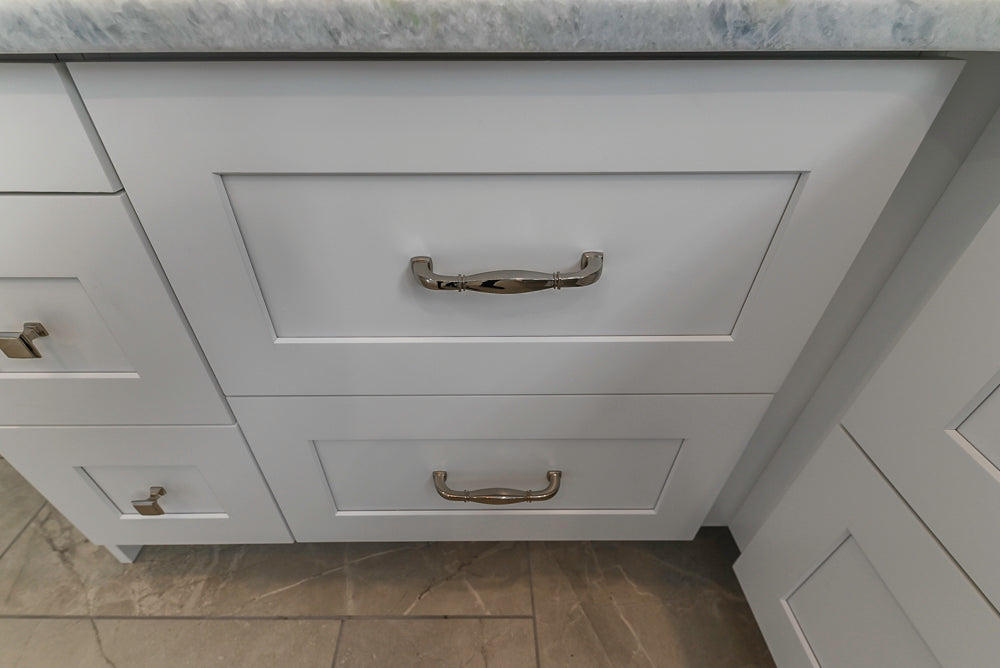 Traditional White Desk Area with Marble Countertops