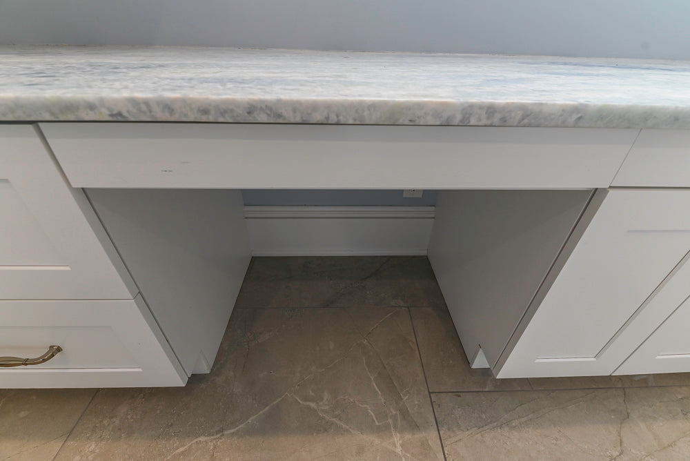 Traditional White Desk Area with Marble Countertops