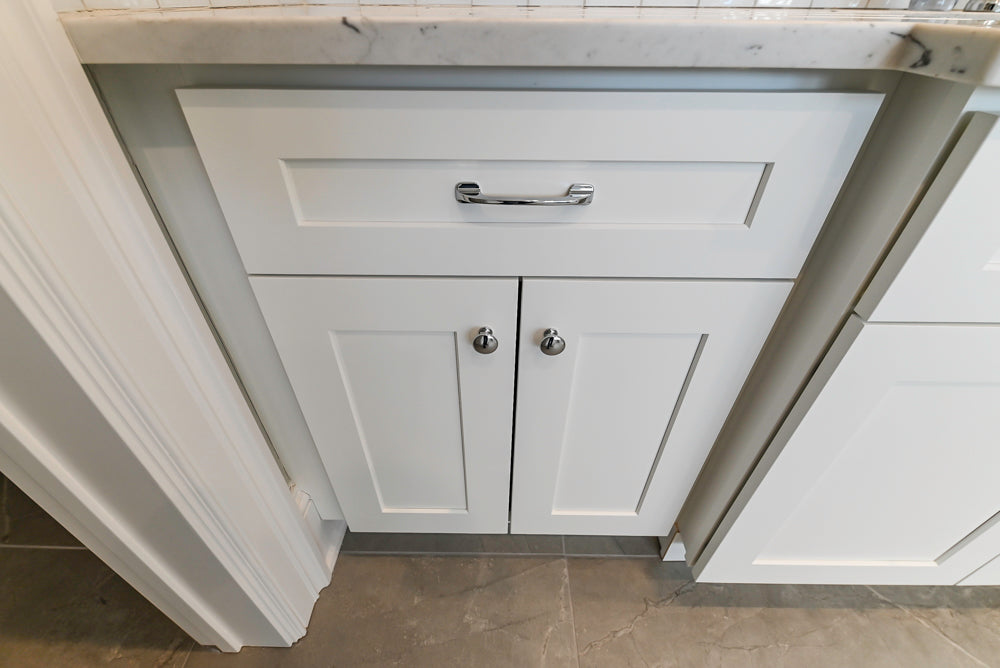 Traditional White Laundry Area with Sink, Faucet and Marble Countertops