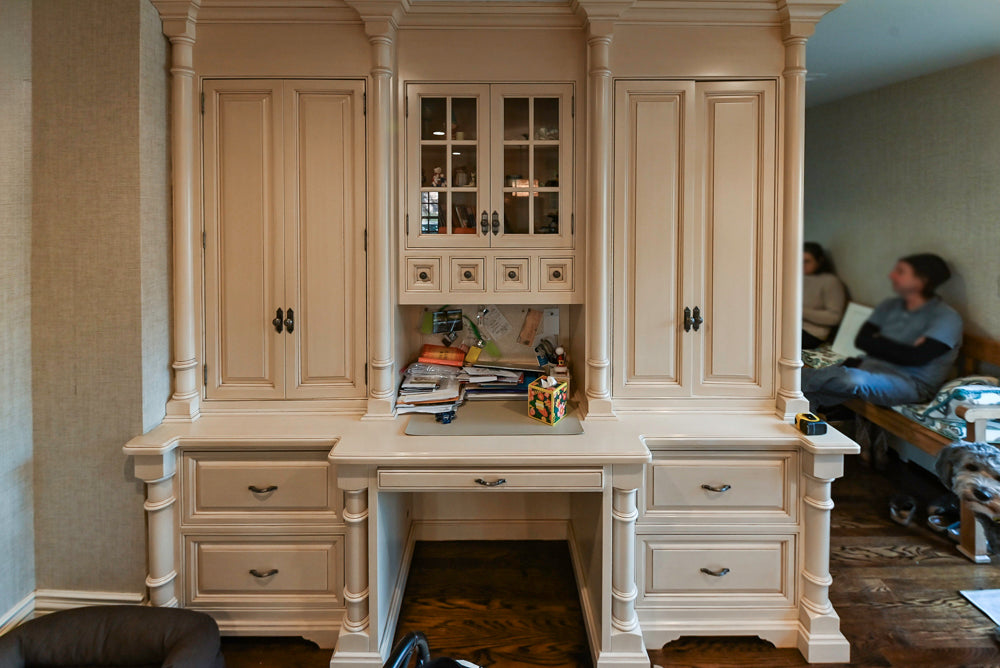 Salerno Traditional Cream Kitchen with Island, Desk Area and Appliances