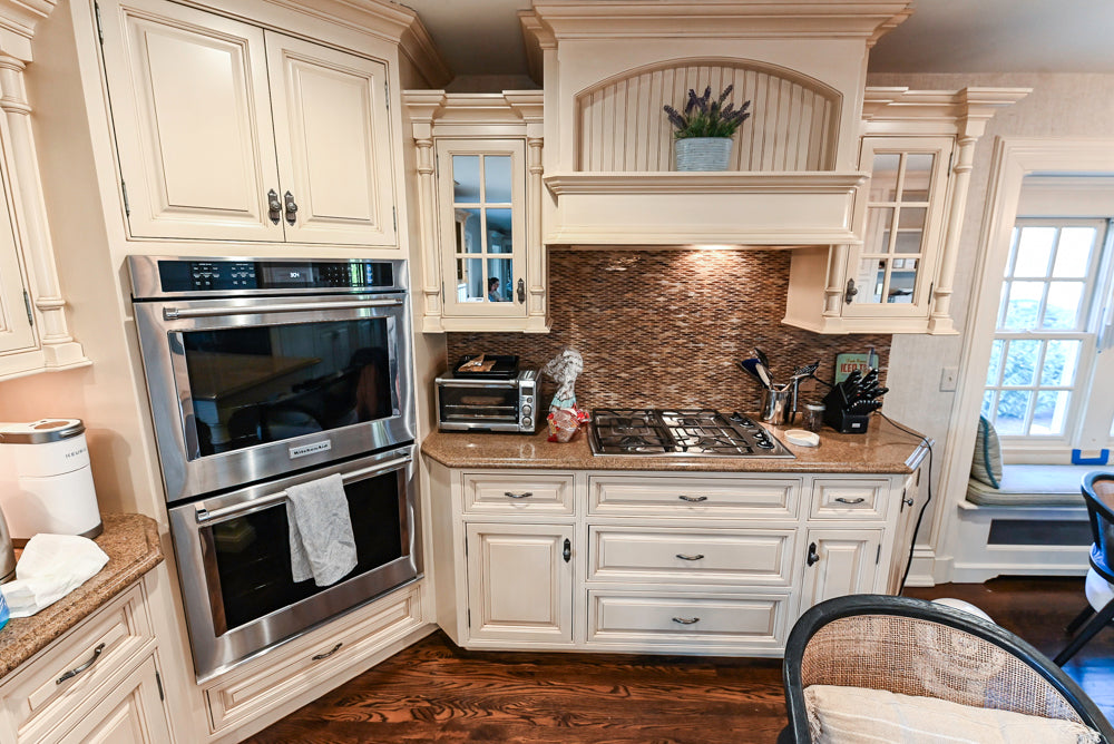 Salerno Traditional Cream Kitchen with Island, Desk Area and Appliances
