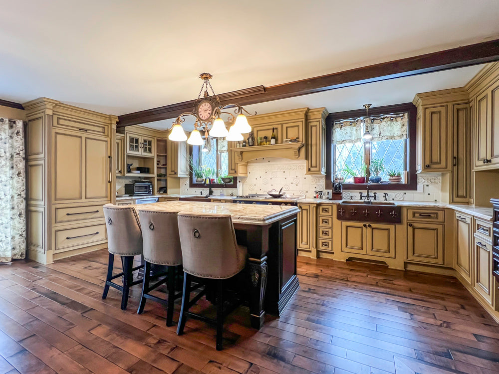 Traditional Creamy Brown Kitchen with Island, Marble Countertops and Appliances