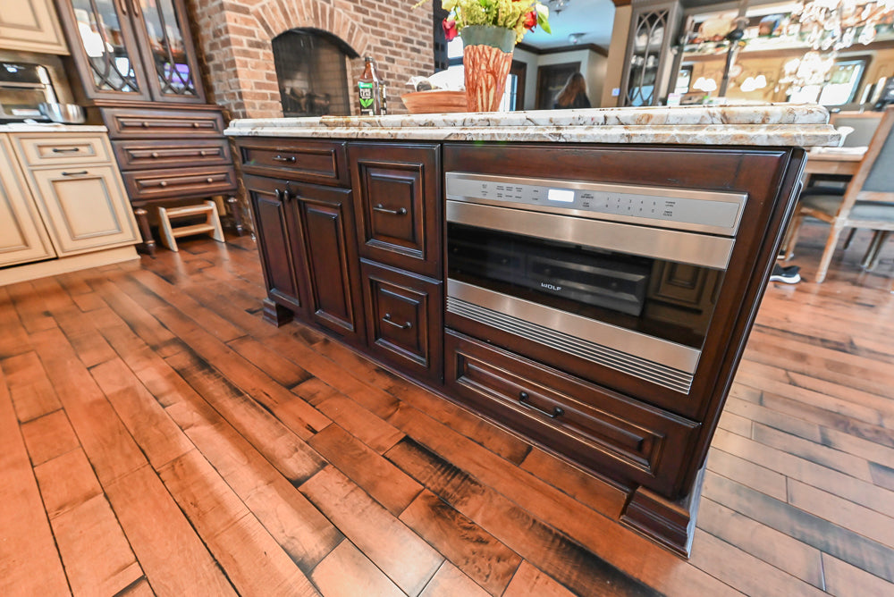 Traditional Creamy Brown Kitchen with Island, Marble Countertops and Appliances