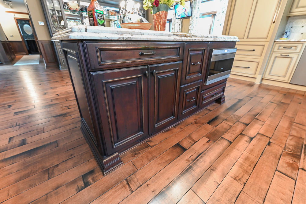 Traditional Creamy Brown Kitchen with Island, Marble Countertops and Appliances