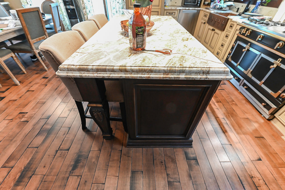 Traditional Creamy Brown Kitchen with Island, Marble Countertops and Appliances