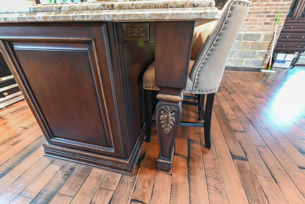 Traditional Creamy Brown Kitchen with Island, Marble Countertops and Appliances