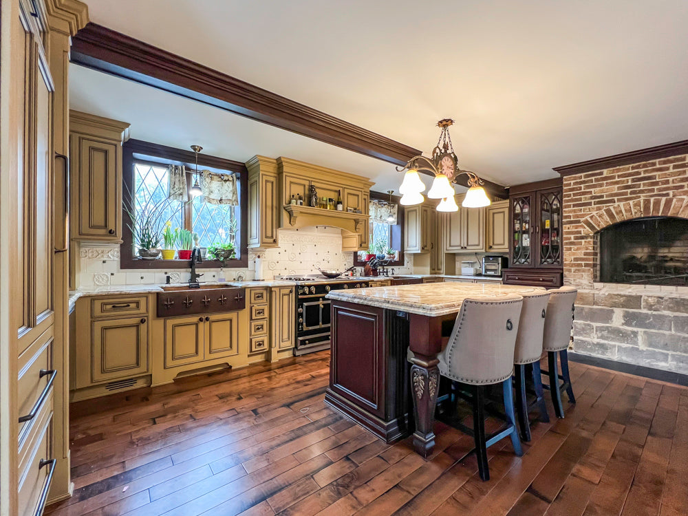 Traditional Creamy Brown Kitchen with Island, Marble Countertops and Appliances