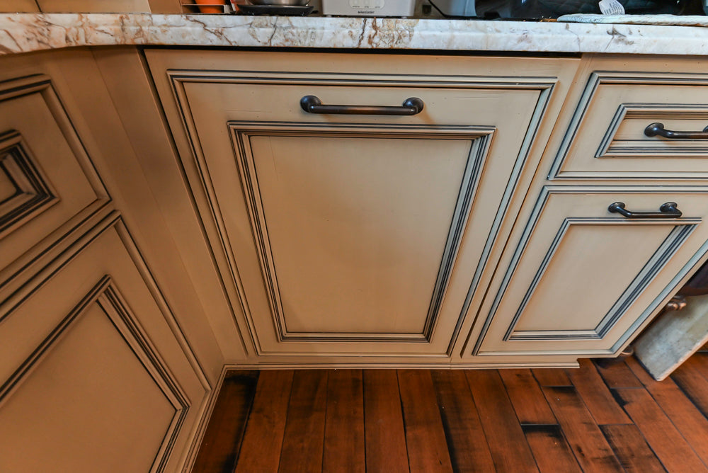 Traditional Creamy Brown Kitchen with Island, Marble Countertops and Appliances