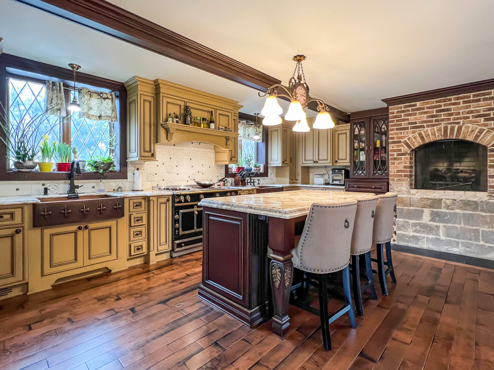 Traditional Creamy Brown Kitchen with Island, Marble Countertops and Appliances
