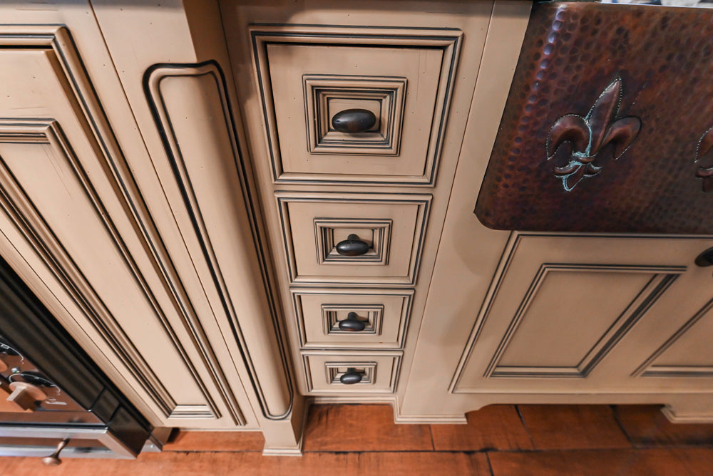 Traditional Creamy Brown Kitchen with Island, Marble Countertops and Appliances