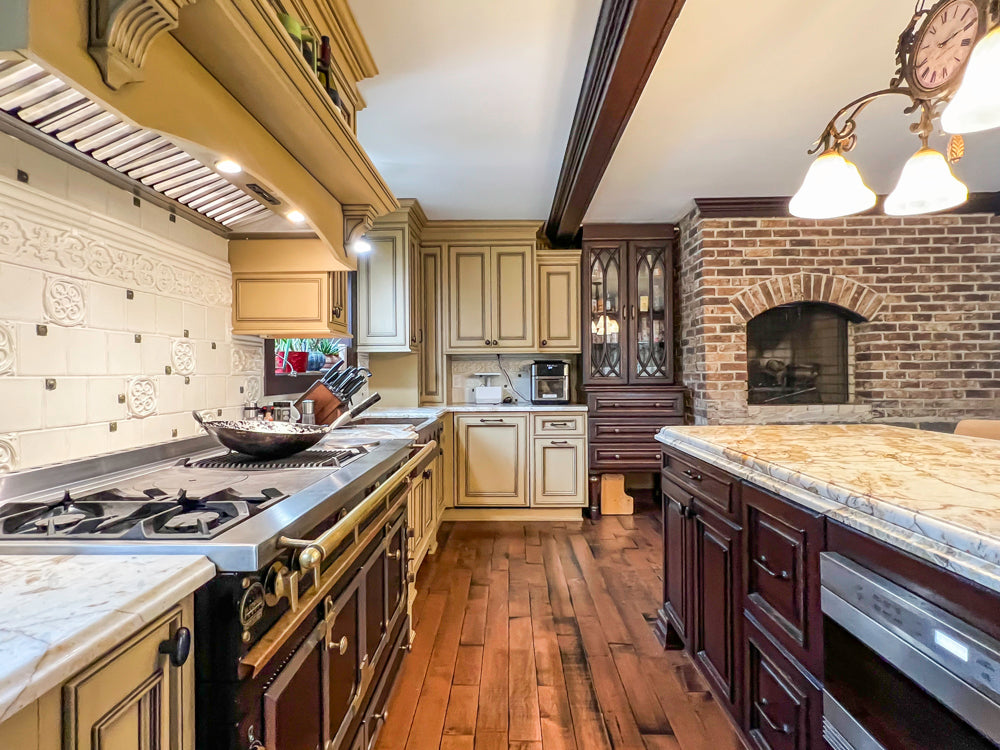 Traditional Creamy Brown Kitchen with Island, Marble Countertops and Appliances