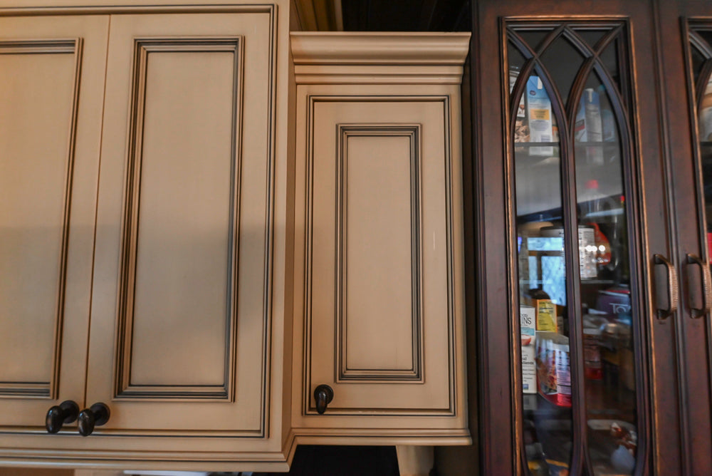 Traditional Creamy Brown Kitchen with Island, Marble Countertops and Appliances