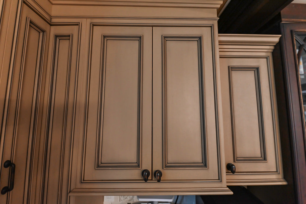 Traditional Creamy Brown Kitchen with Island, Marble Countertops and Appliances