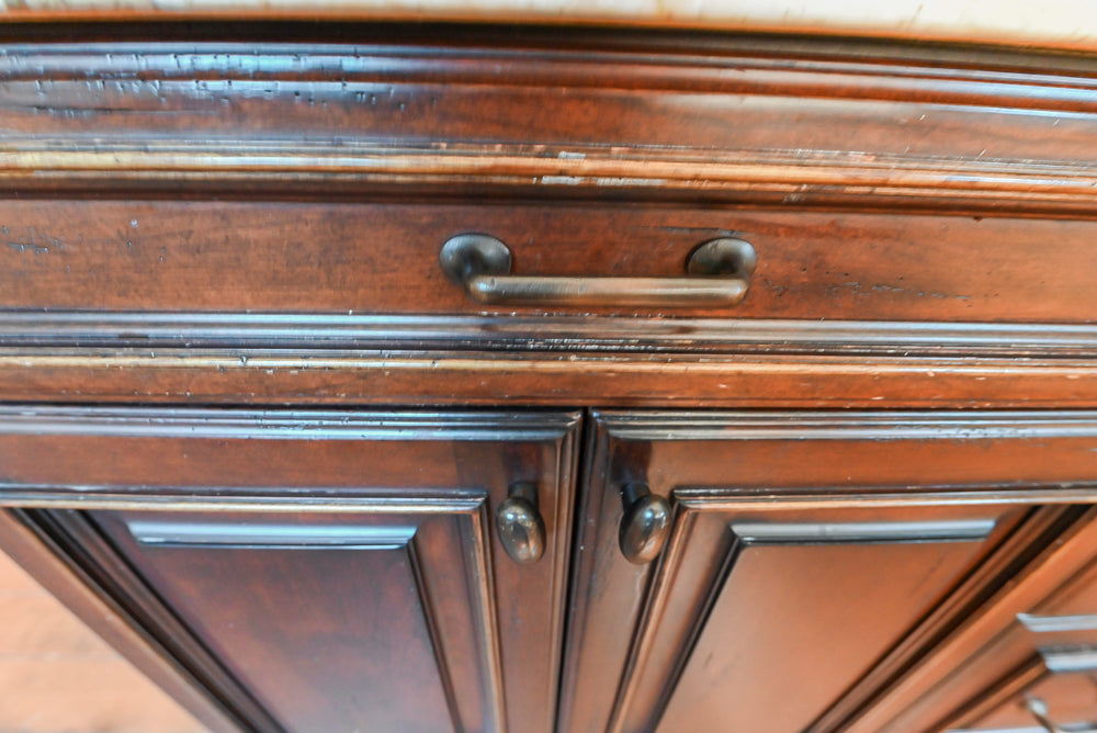 Traditional Creamy Brown Kitchen with Island, Marble Countertops and Appliances