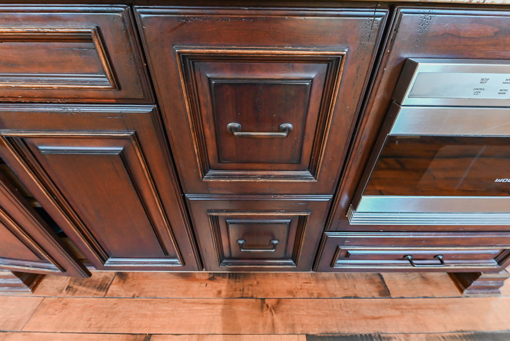 Traditional Creamy Brown Kitchen with Island, Marble Countertops and Appliances