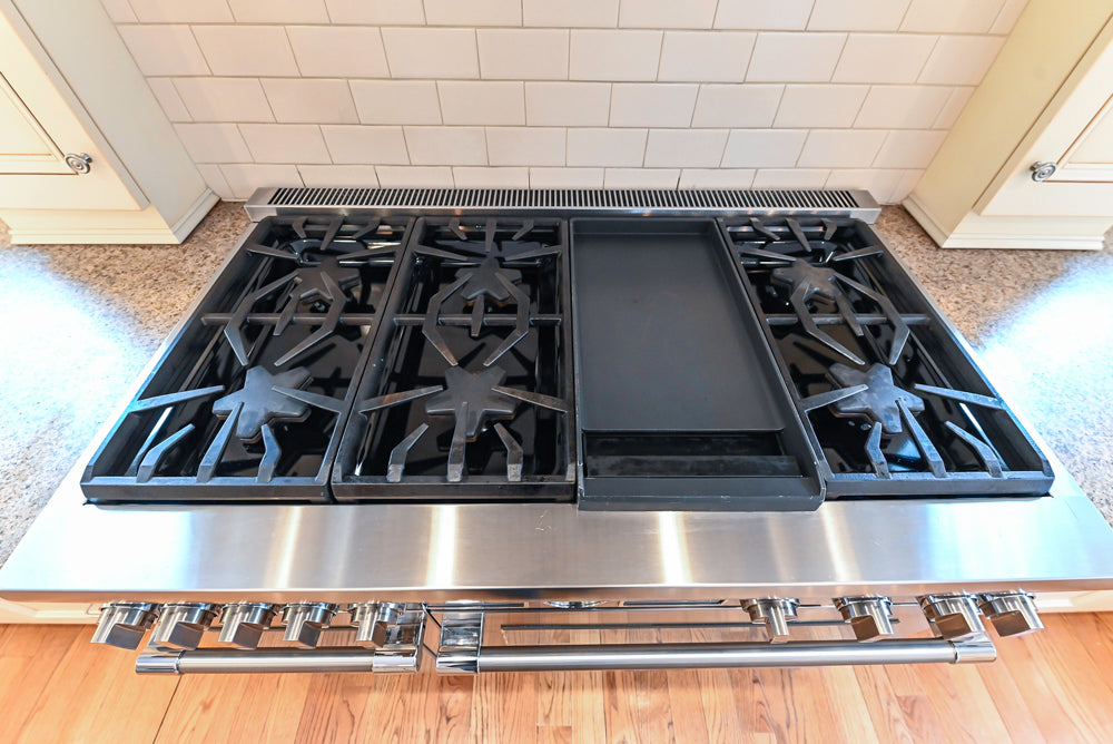 Traditional Cream Kitchen with Island, Granite Countertops & 48" Thermador Range