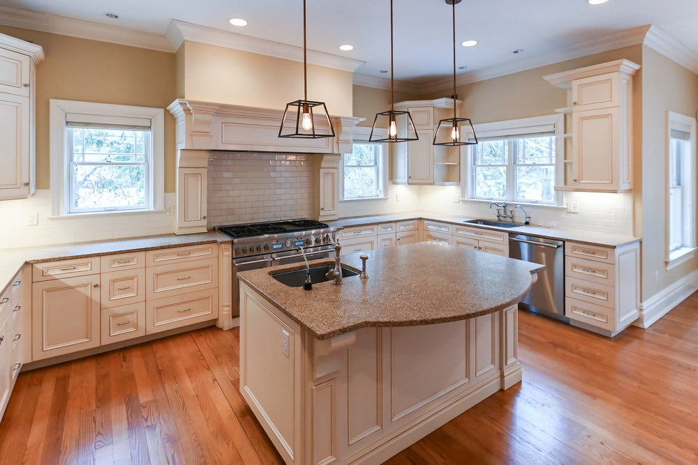 Traditional Cream Kitchen with Island, Granite Countertops & 48" Thermador Range