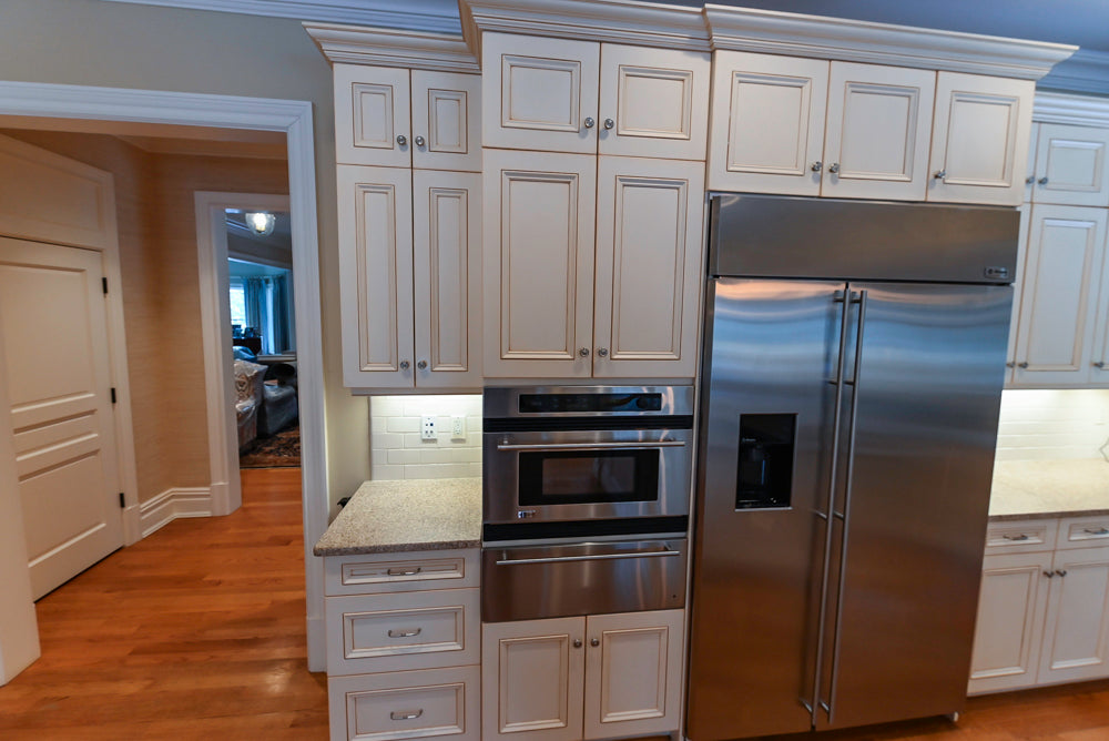 Traditional Cream Kitchen with Island, Granite Countertops & 48" Thermador Range