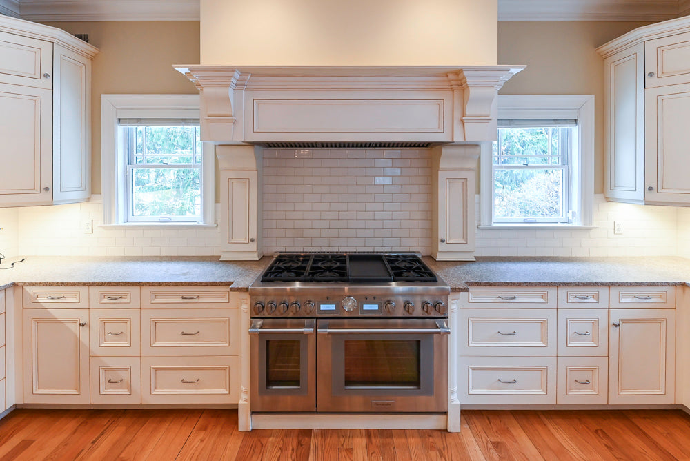 Traditional Cream Kitchen with Island, Granite Countertops & 48" Thermador Range